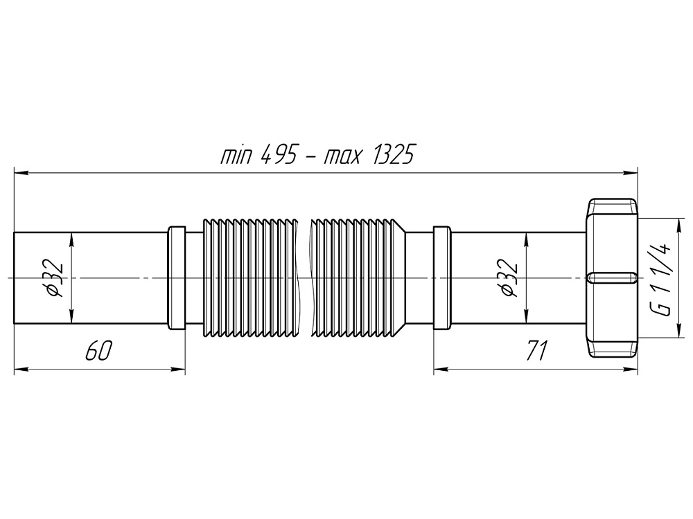 Гибкая труба АНИ Пласт K213 удлиненная с гайкой 1 1/4 дюйма 32х492-1325 мм