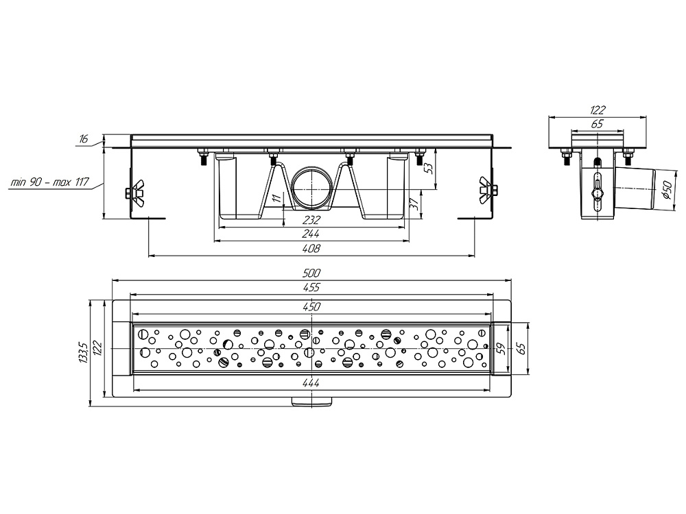 Трап линейный из нержавеющей стали АНИ Пласт TL2345M выпуск 50 мм решётка Бриз матовая 450 мм