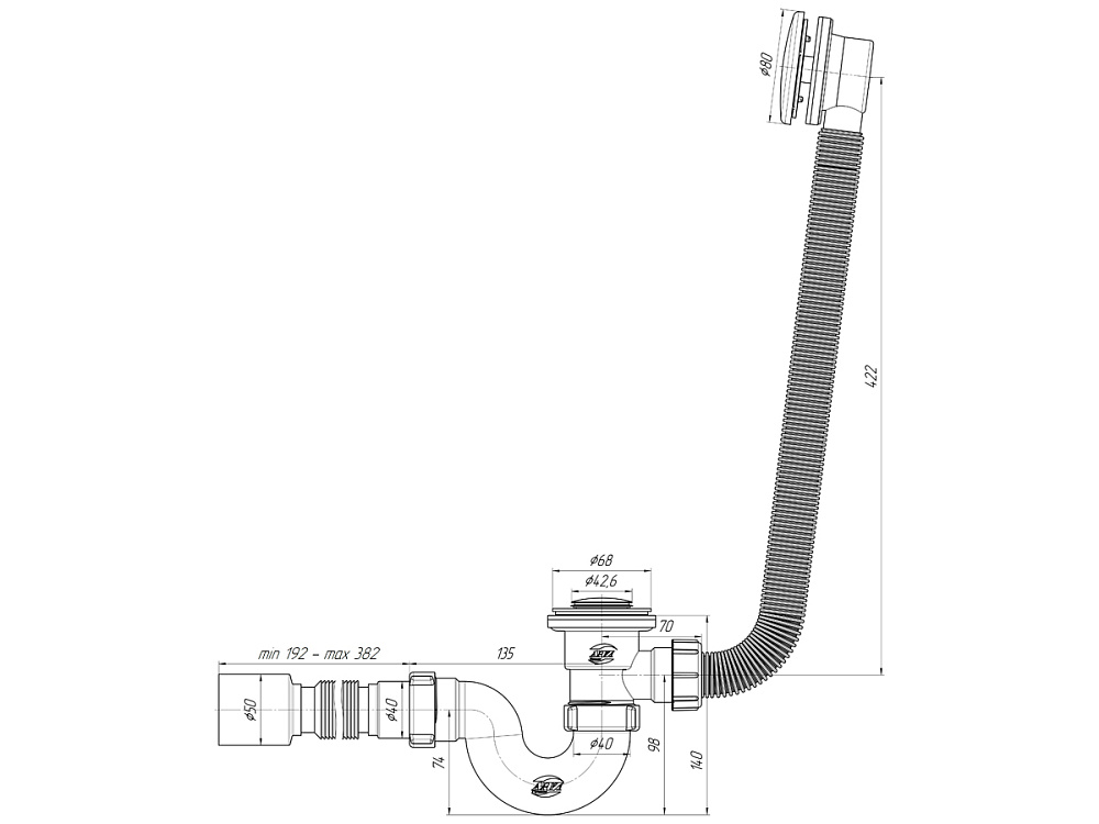 Сифон для ванны АНИ Пласт EC155BL с выпуском клик-клак 1 1/2 дюйма с переливом и гибкой трубой 40х50 мм черный