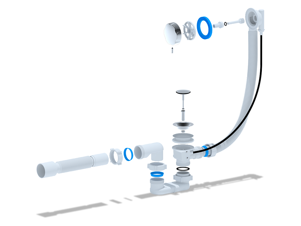 Перелив полуавтомат с плоским сифоном АНИ Пласт EM601 580 мм с гибкой трубой 375х40х50 мм, толщина ванн до 10 мм
