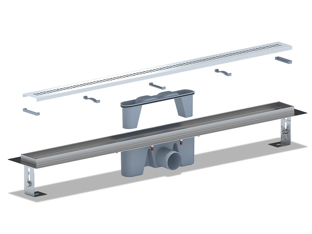 Трап линейный из нержавеющей стали АНИ Пласт TL2285G выпуск 50 мм решётка Риф глянцевая 850 мм
