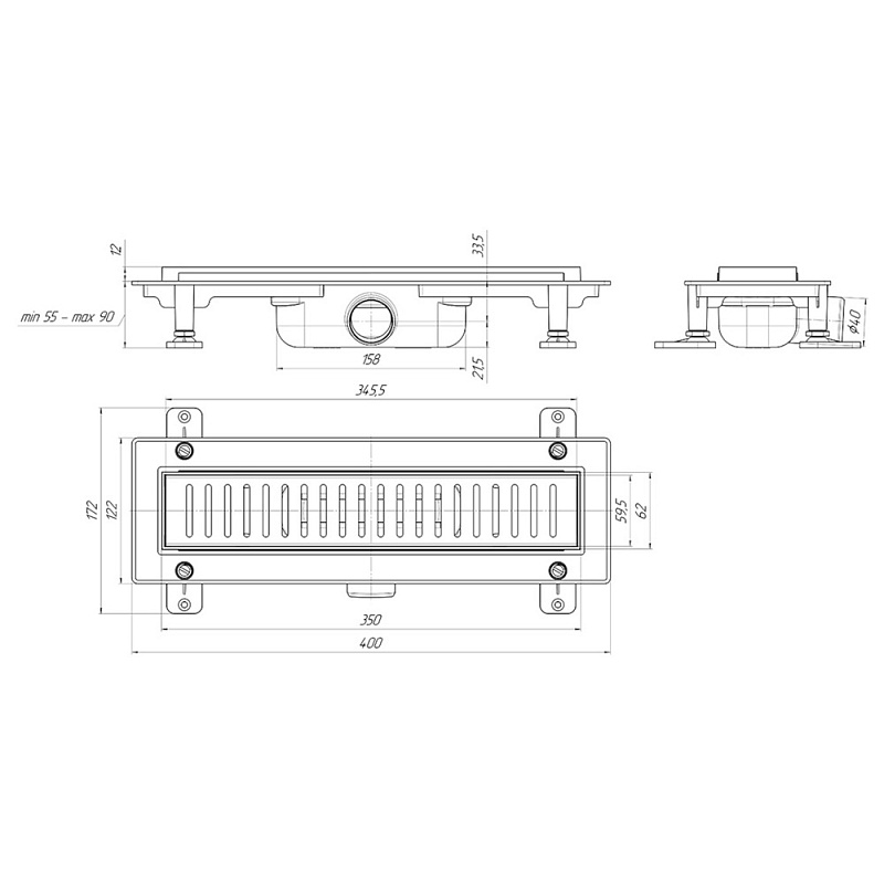Трап линейный пластиковый АНИ Пласт TLQ1435M DN40 с сухим затвором и матовой решёткой Бимс 350х62 мм