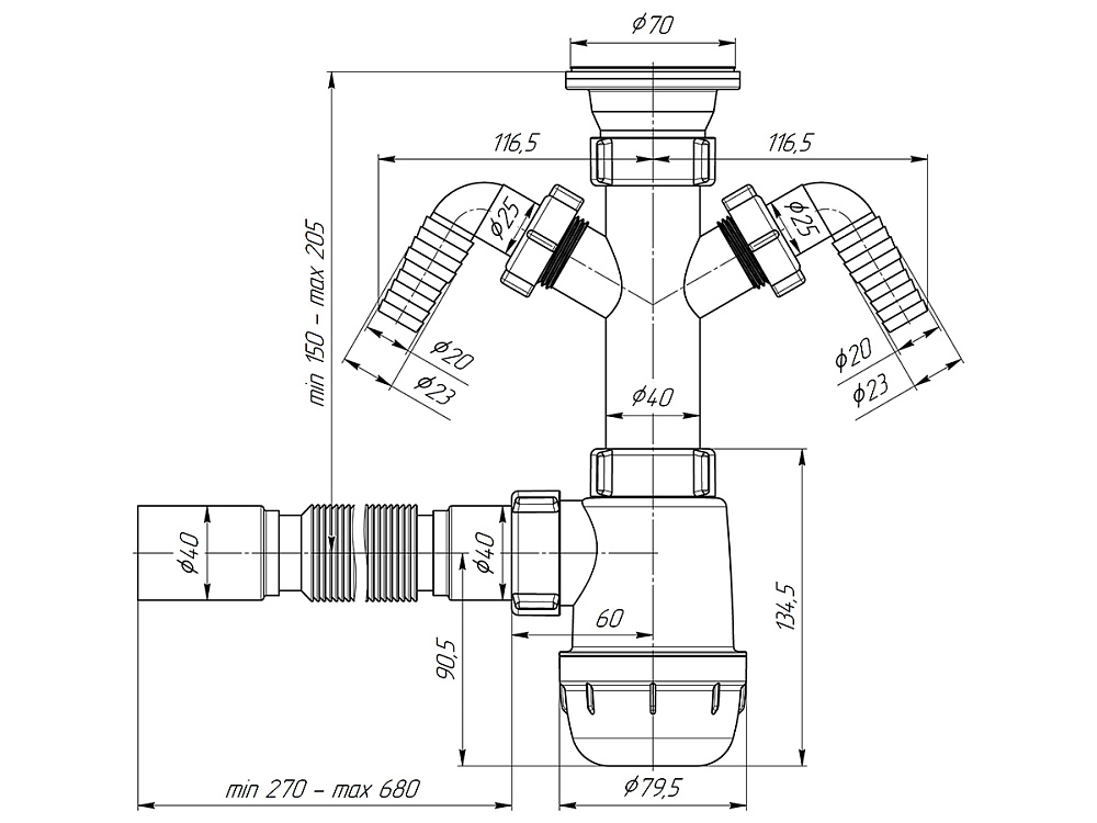 Сифон для мойки АНИ Пласт Грот A1105 1 1/2 дюйма 40 мм с двумя отводами для стиральной машины с гибкой трубой 40х40 мм