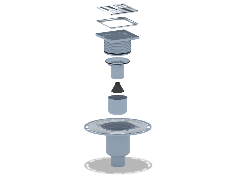 Трап для душа АНИ Пласт THZ5714M DN50 высокий вертикальный регулируемый с комбинированным затвором, с решёткой и обрешеткой из нержавеющей стали 120х120 мм