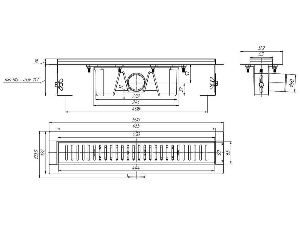 Трап линейный из нержавеющей стали АНИ Пласт TL2445G выпуск 50 мм решётка Бимс глянцевая 450 мм