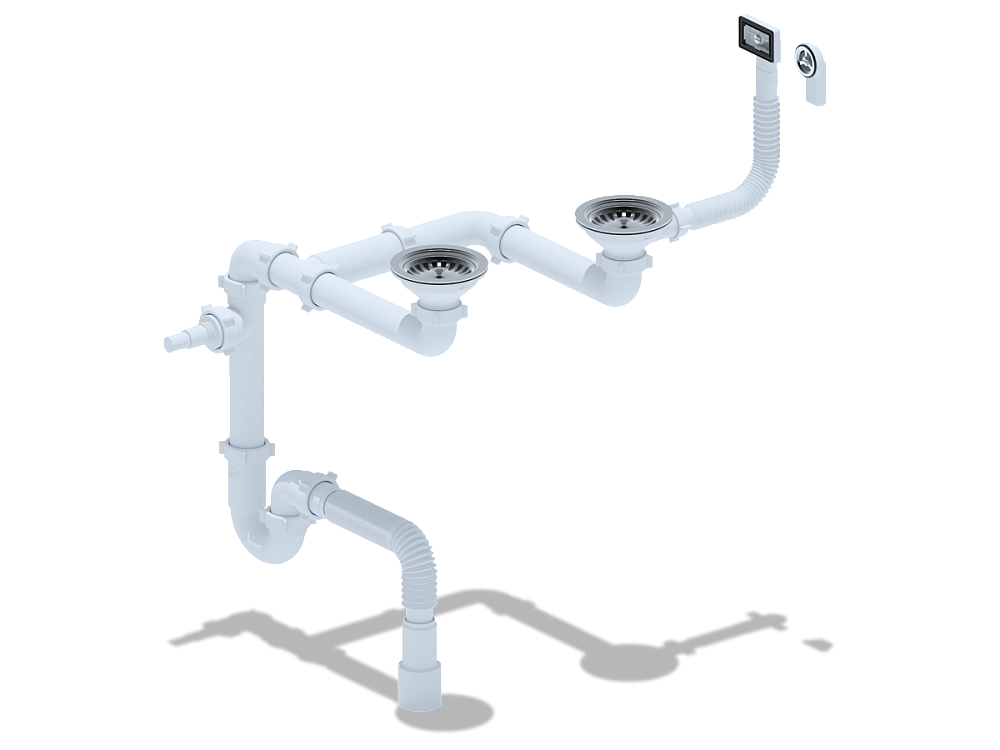 Cифон двойной для мойки АНИ Пласт LD0515SA15 3 1/2 дюйма 40 мм смещенный с отводом для стиральной машины с гибким переливом и гибкой трубой 40х40/50 мм