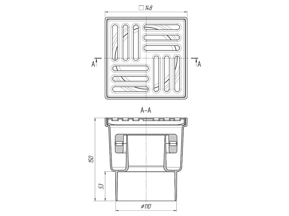 Трап для душа АНИ Пласт TQ1212 DN110 вертикальный нерегулируемый с сухим затвором и решёткой из нержавеющей стали 150х150 мм