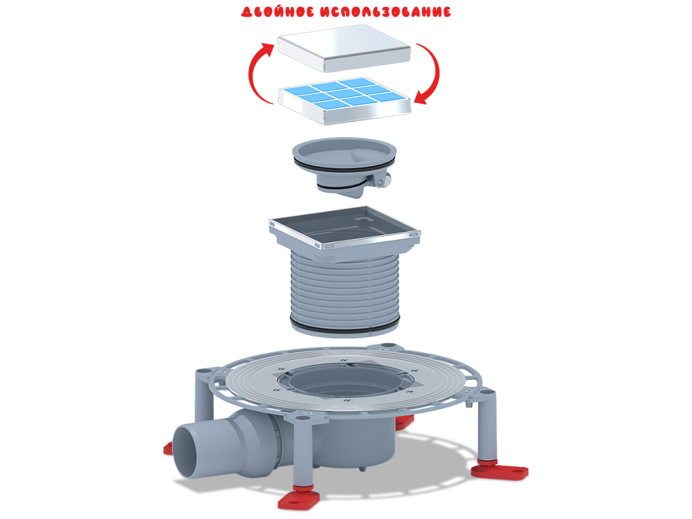 Трап для душа АНИ Пласт TVQ5802 DN50 горизонтальный регулируемый с сухим затвором и с решёткой из нержавеющей стали 100х100 мм под плитку