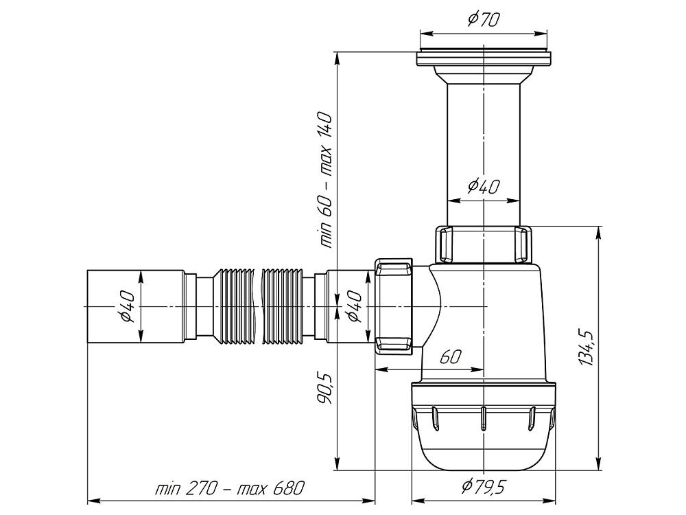 Сифон для мойки АНИ Пласт Грот A0505 1 1/2 дюйма 40 мм с гибкой трубой 40х40 мм