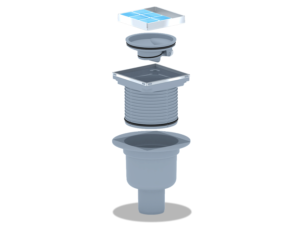 Трап для душа АНИ Пласт TQ5902 DN50 горизонтальный регулируемый с сухим затвором и решёткой из нержавеющей стали 100х100 мм под плитку