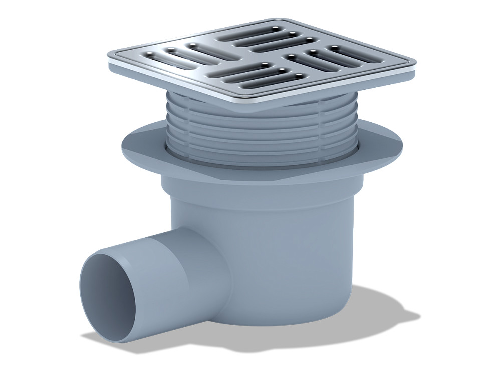 Трап горизонтальный регулируемый АНИ Пласт ТА5614М выпуск 50 мм с решеткой из нержавеющей стали 120х120 мм с обрешеткой