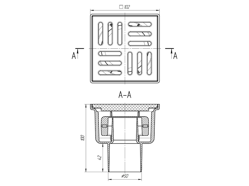 Трап для душа АНИ Пласт TQ5204 DN50 вертикальный нерегулируемый с сухим затвором и решёткой из пластика 100х100 мм