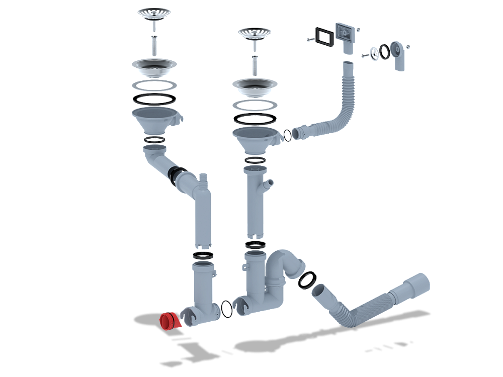 Cифон для мойки АНИ Пласт F серия F7500SA15 3 1/2 дюйма 40 мм двойной смещенный с гибким переливом и отводом для стиральной машины