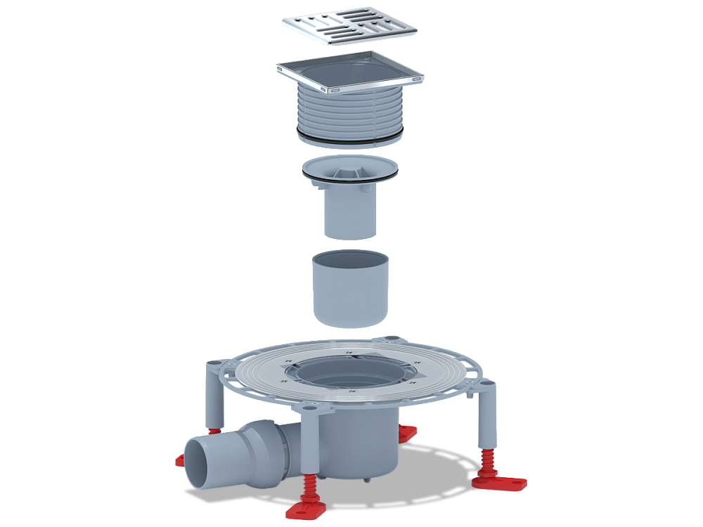 Трап горизонтальный регулируемый АНИ Пласт THA5602 выпуск 50 мм с решеткой из нержавеющей стали 100х100 мм
