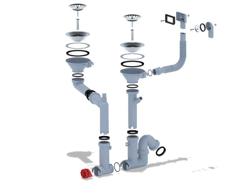 Cифон для мойки АНИ Пласт F серия F7500S 3 1/2 дюйма 40 мм двойной смещенный с гибким переливом и отводом для стиральной машины