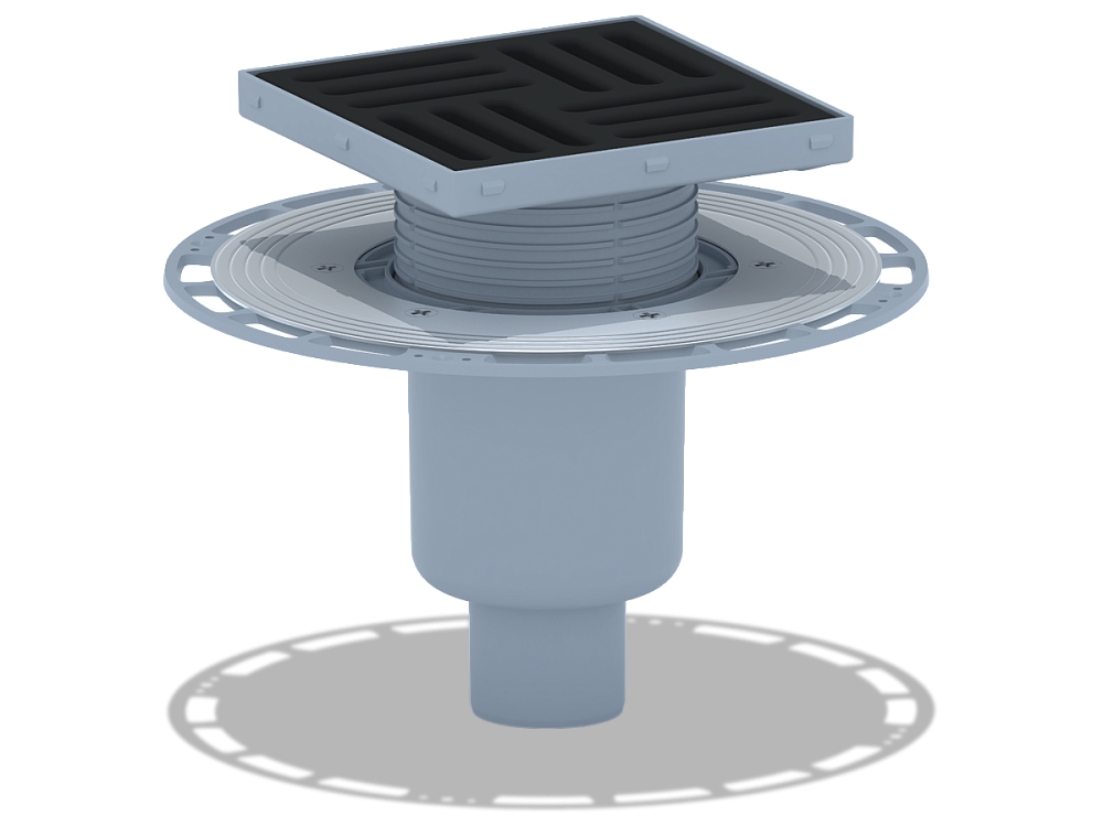 Трап для душа АНИ Пласт THZ5716 DN50 высокий вертикальный регулируемый с комбинированным затвором и решёткой из чугуна 150х150 мм