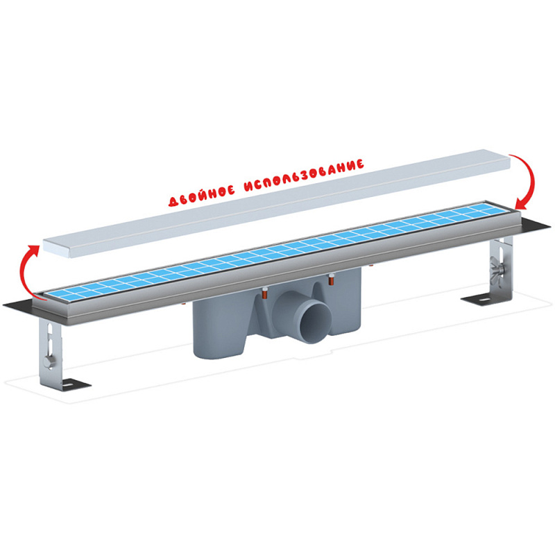 Трап линейный из нержавеющей стали АНИ Пласт TLZ2065 DN50 с комбинированным затвором матовой решёткой под плитку МОЛ 650х65 мм