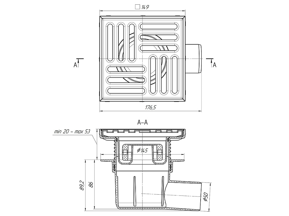 Трап для душа АНИ Пласт TQ5612 DN50 горизонтальный регулируемый с сухим затвором и решёткой из нержавеющей стали 150х150 мм