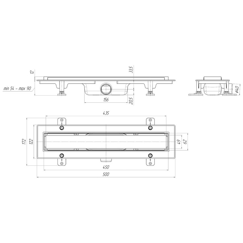 Трап линейный пластиковый АНИ Пласт TLQ1145M DN40 с сухим затвором и матовой решёткой Штиль 450х62 мм