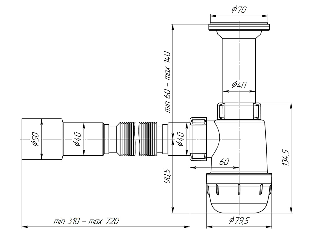 Сифон для мойки АНИ Пласт Грот A0515 1 1/2 дюйма 40 мм с гибкой трубой 40х40/50 мм