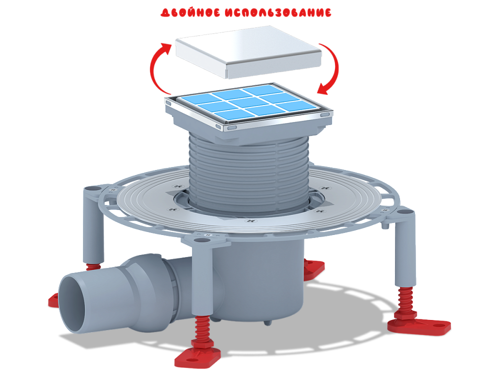 Трап горизонтальный регулируемый АНИ Пласт THA5802 выпуск 50 мм с решеткой из нержавеющей стали 100х100 мм под плитку