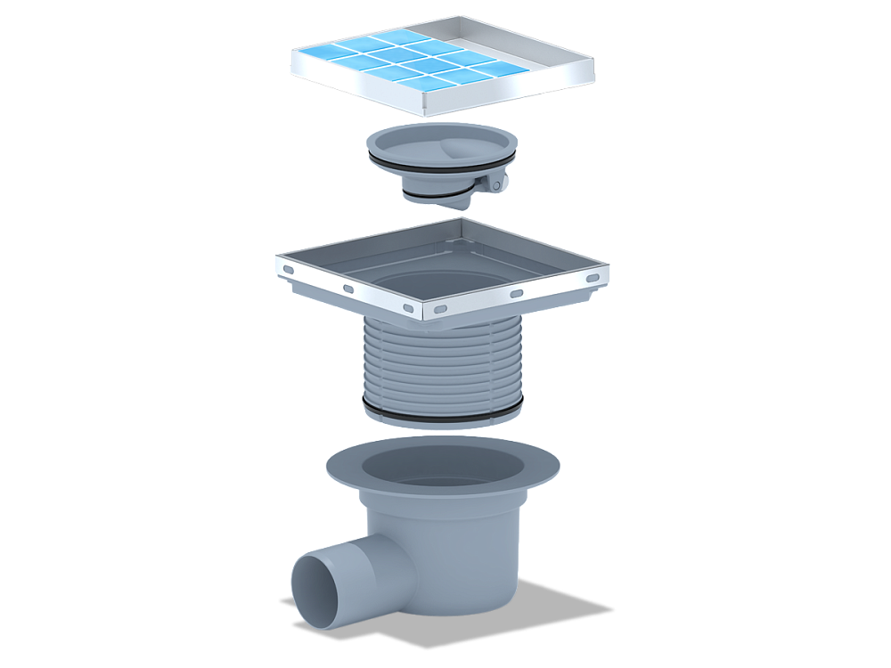 Трап для душа АНИ Пласт TQ5812 DN50 горизонтальный регулируемый с сухим затвором и решёткой из нержавеющей стали 150х150 мм под плитку