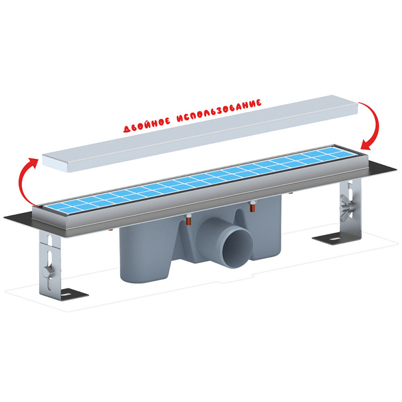Трап линейный из нержавеющей стали АНИ Пласт TLZ2045 DN50 с комбинированным затвором матовой решёткой под плитку МОЛ 450х65 мм