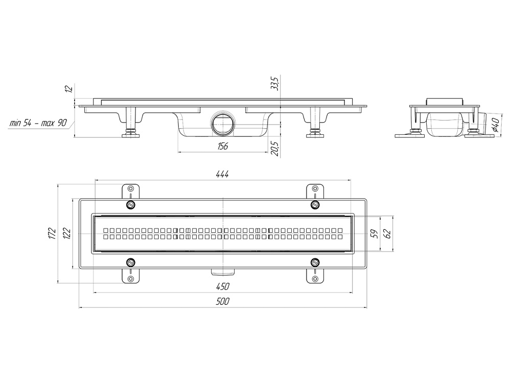 Трап линейный пластиковый АНИ Пласт TL1245BL выпуск 40 мм решётка Риф чёрная нержавеющая сталь 450 мм