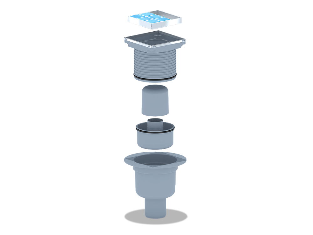 Трап вертикальный регулируемый АНИ Пласт TA5902 выпуск 50 мм с решеткой из нержавеющей стали 100х100 мм под плитку