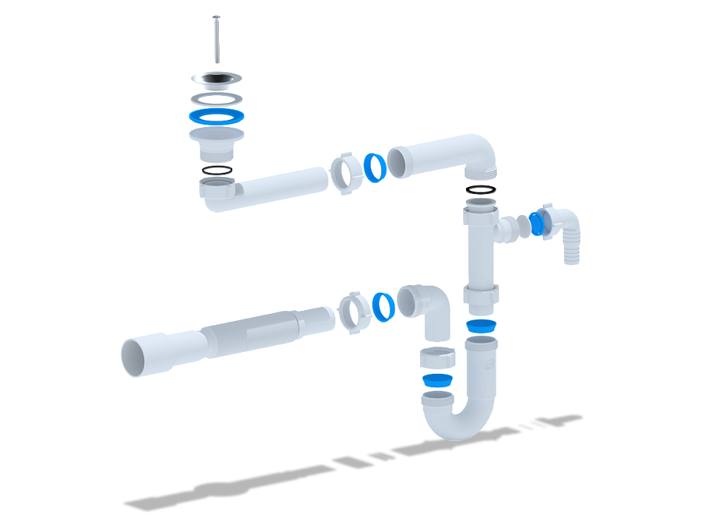 Сифон для раковины АНИ Пласт DB5316 смещенный 1 1/4 дюйма 32 мм с отводом и гибкой трубой 32х40/50 мм