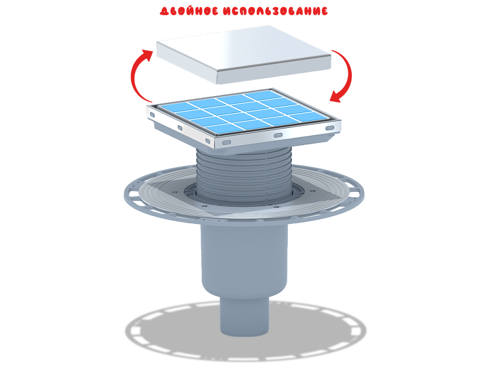 Трап для душа АНИ Пласт THZ5912 DN50 вертикальный регулируемый с комбинированным затвором и решёткой из нержавеющей стали 150х150 мм под плитку