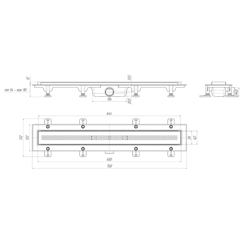 Трап линейный пластиковый АНИ Пласт TLQ1265M DN40 с сухим затвором и матовой решёткой Риф 650х62 мм