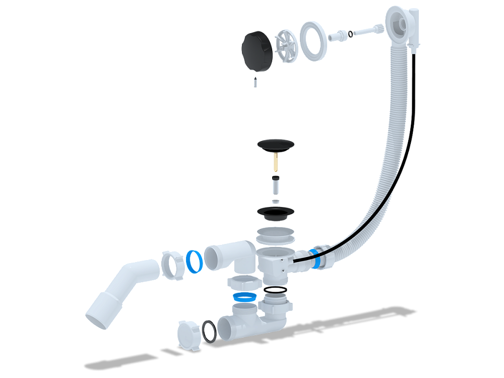 Перелив полуавтомат с регулируемым сифоном АНИ Пласт EM321BL 580 мм с переходной трубой 45 градусов 40х50 мм черный, толщина ванн до 13 мм
