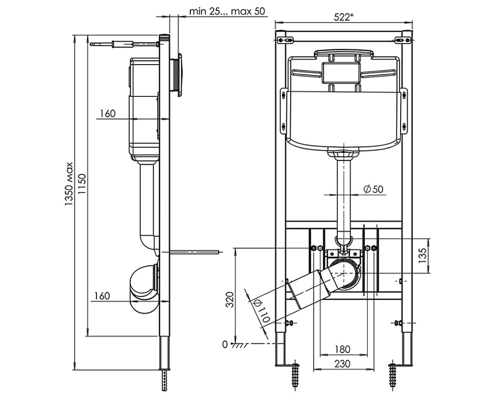 Инсталляция для унитаза 50 см АНИ Пласт WCP1141 1300х500х225 мм с прямоугольной клавишей хром глянец