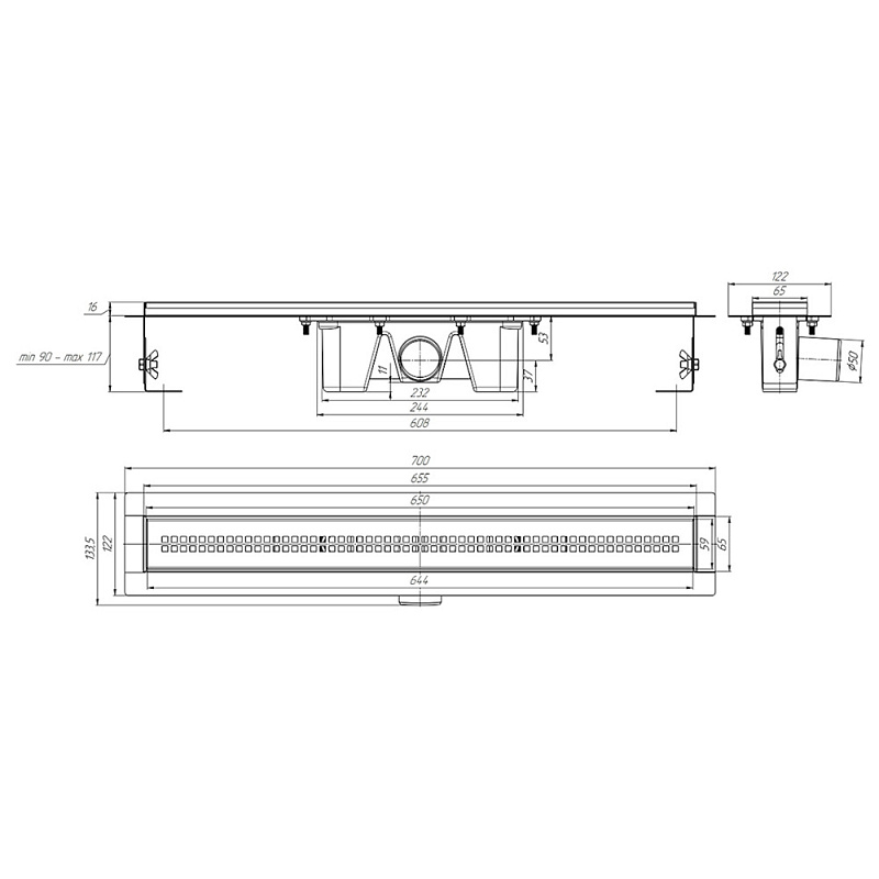 Трап линейный из нержавеющей стали АНИ Пласт TLZ2265M DN50 с комбинированным затвором матовой решёткой Риф 650х65 мм
