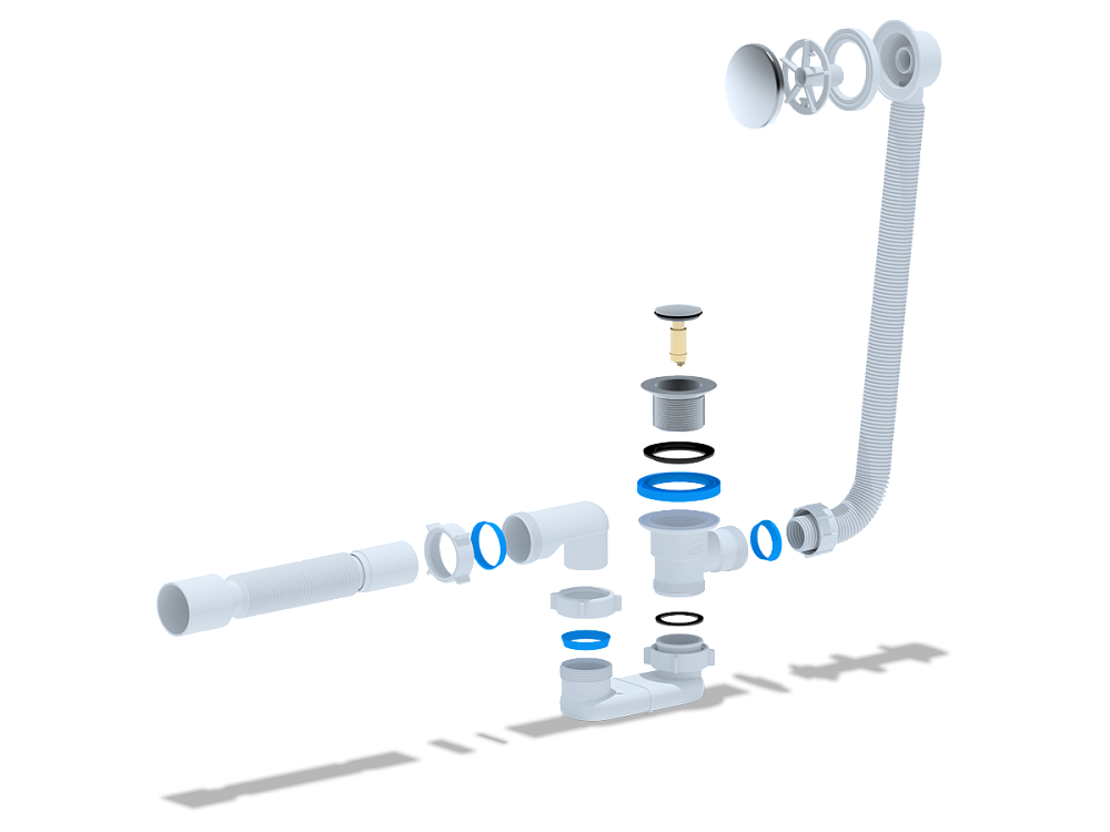 Сифон для ванны АНИ Пласт EC055 1 1/2 дюйма 40 мм клик-клак с переливом и гибкой трубой 40х50 мм
