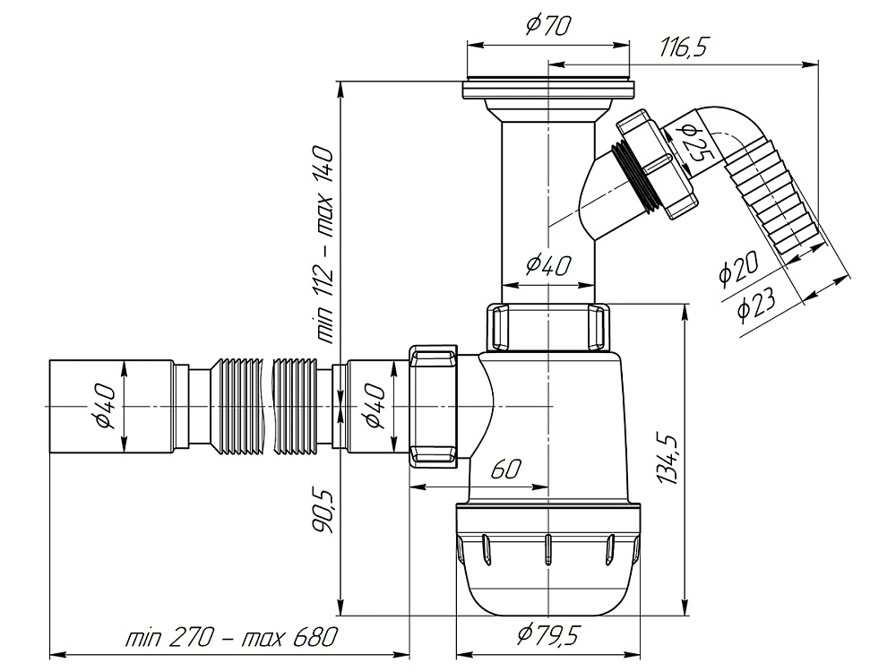 Сифон для мойки АНИ Пласт Грот A2005 1 1/2 дюйма 40 мм с отводом для стиральной машины с гибкой трубой 40х40 мм