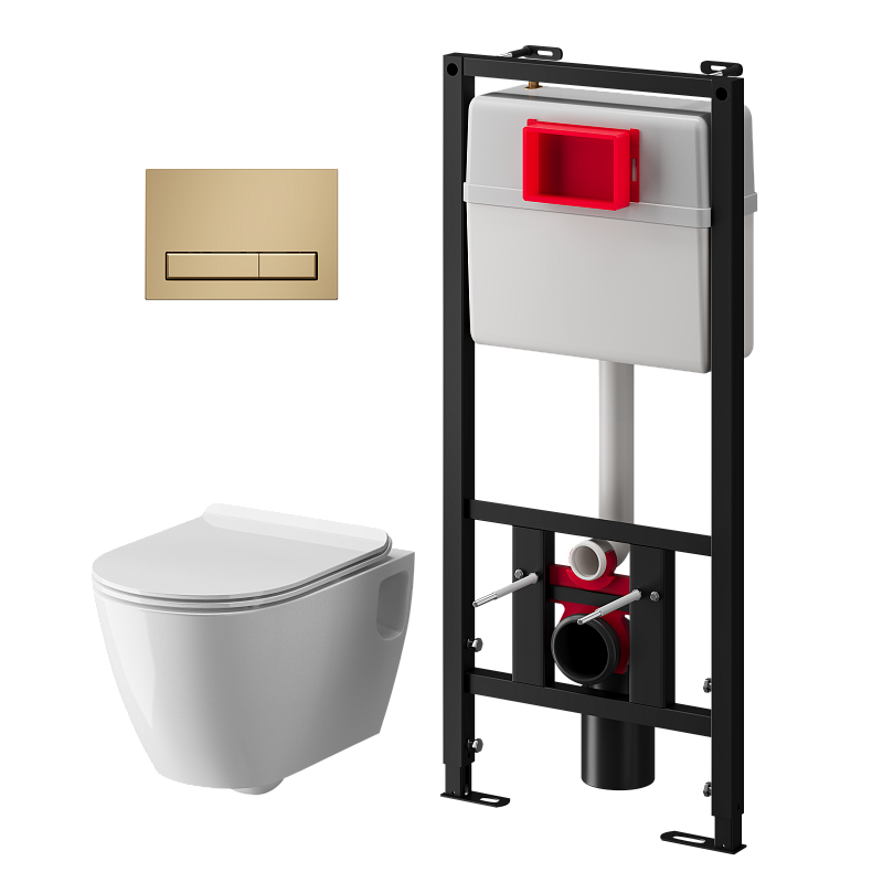 Набор инсталляции 50 см АНИ Пласт WN5 1455 Art с безободковым унитазом, с сиденьем микролифт, золото матовый клавишей WP1455