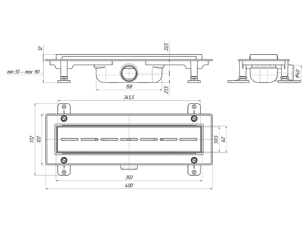 Трап линейный пластиковый АНИ Пласт TL1535G выпуск 40 мм решётка Киль глянцевая нержавеющая сталь 350 мм