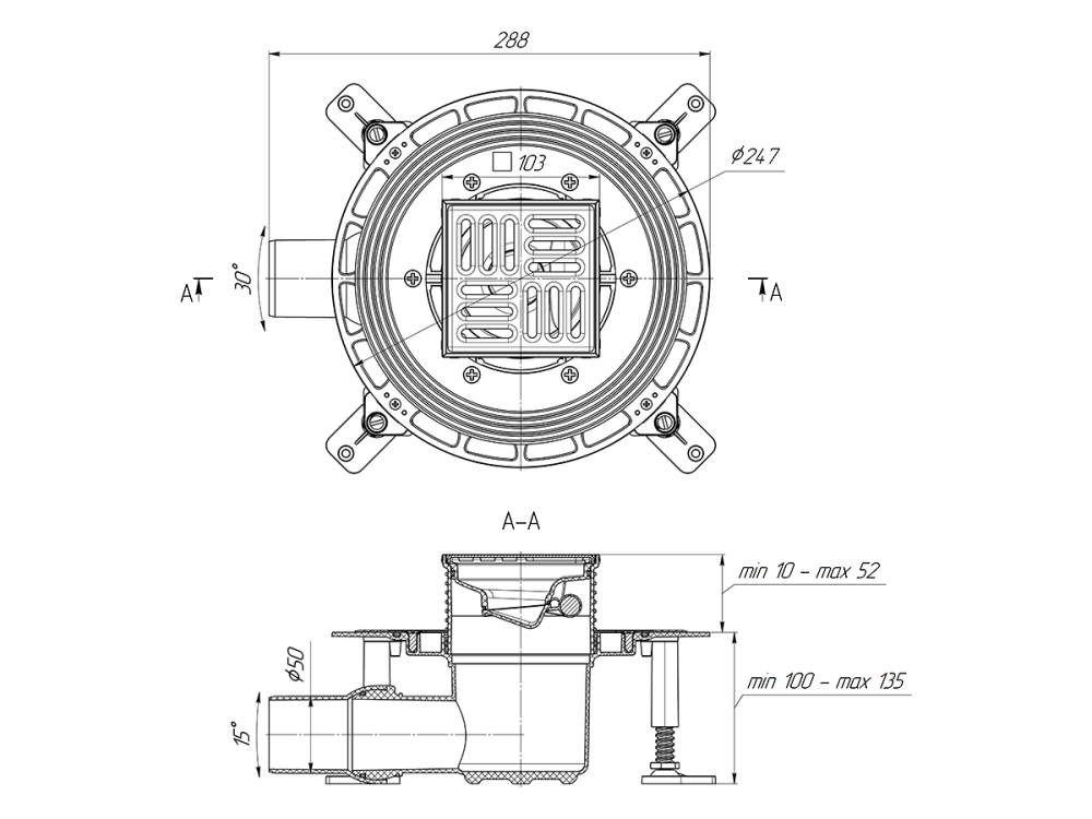 Трап для душа АНИ Пласт THQ5602 DN50 горизонтальный регулируемый с сухим затвором и решёткой из нержавеющей стали 100х100 мм