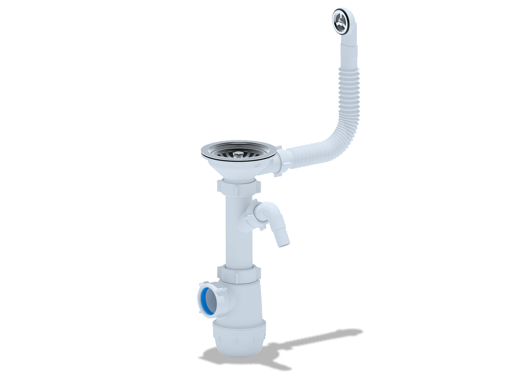 Сифон для мойки АНИ Пласт Грот A1042S 3 1/2 дюйма 40 мм с гибким переливом и отводом для стиральной машины