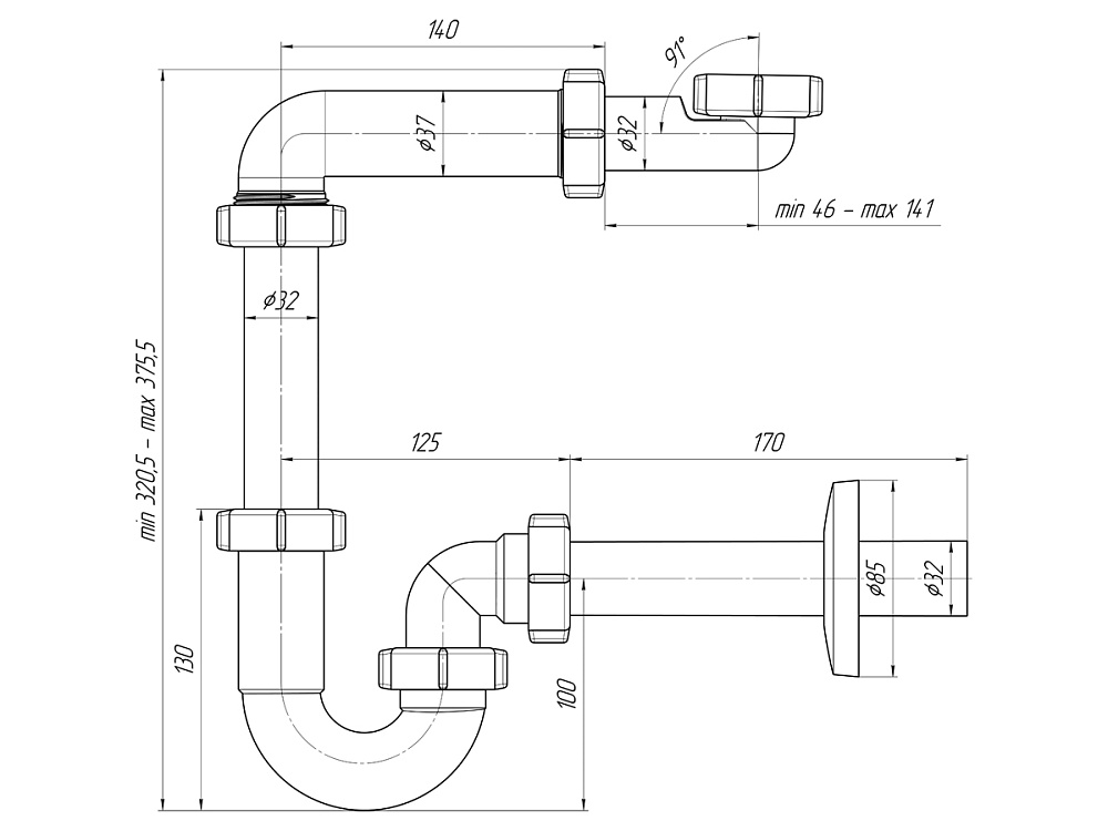 Сифон для раковины АНИ Пласт DB5023 1 1/4 дюйма 32 мм без выпуска с прямой трубой 32 мм