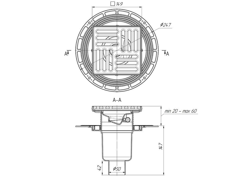 Трап для душа АНИ Пласт THQ5716 DN50 вертикальный регулируемый с сухим затвором и решёткой из чугуна 150х150 мм