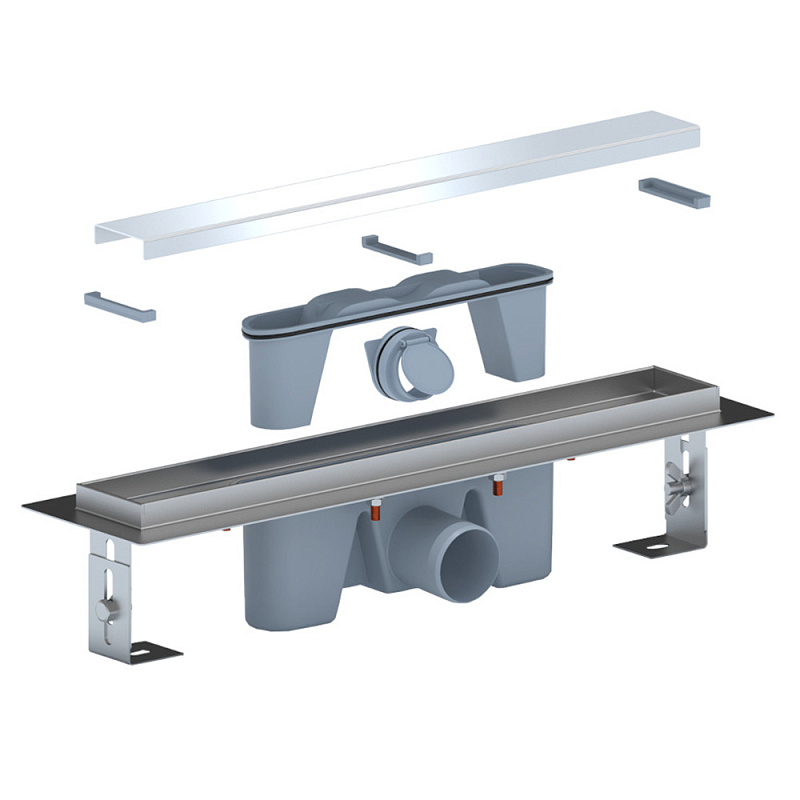 Трап линейный из нержавеющей стали АНИ Пласт TLZ2145G DN50 с комбинированным затвором глянцевой решёткой Штиль 450х65 мм