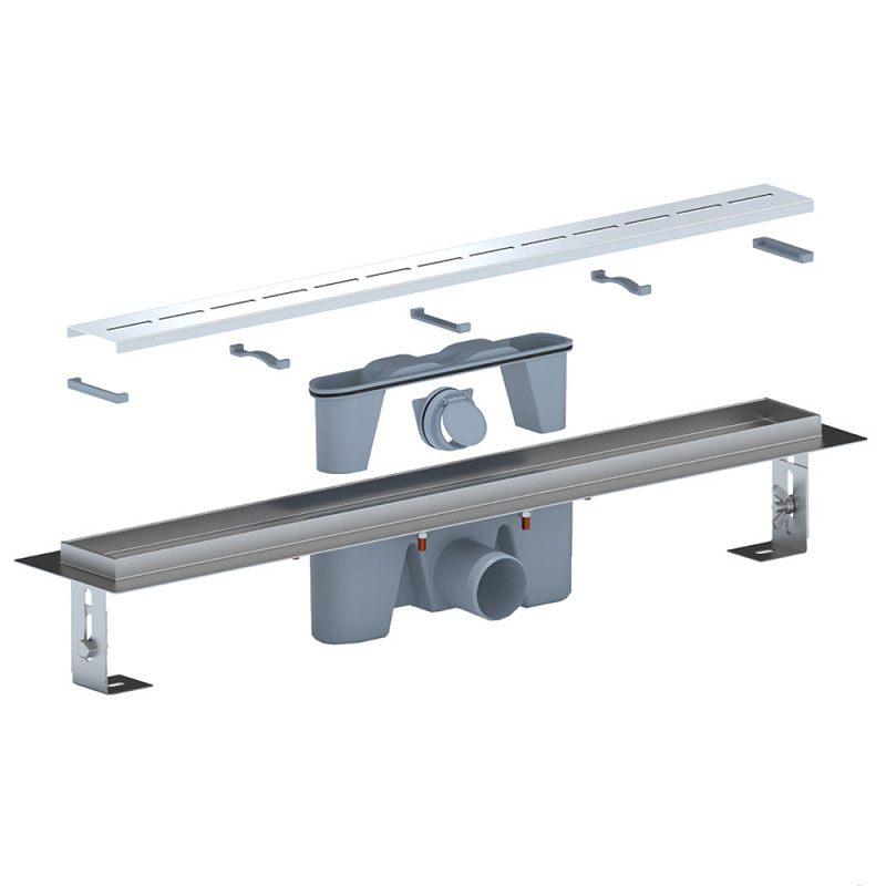 Трап линейный из нержавеющей стали АНИ Пласт TLZ2565G DN50 с комбинированным затвором и глянцевой решётка Киль 650х65 мм