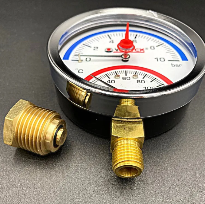 Термоманометр радиальный (нижнее подключение),80 мм, 10 бар, VALFEX, арт.VF.TMN.80.012.10