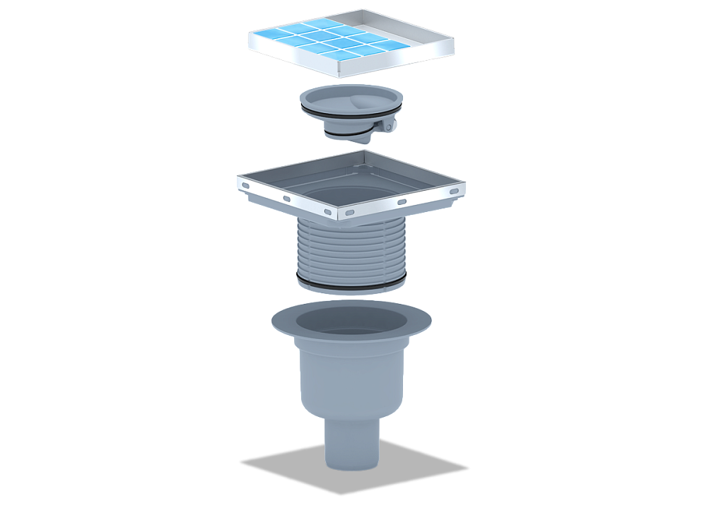 Трап для душа АНИ Пласт TQ5912 DN50 горизонтальный регулируемый с сухим затвором и решёткой из нержавеющей стали 150х150 мм под плитку