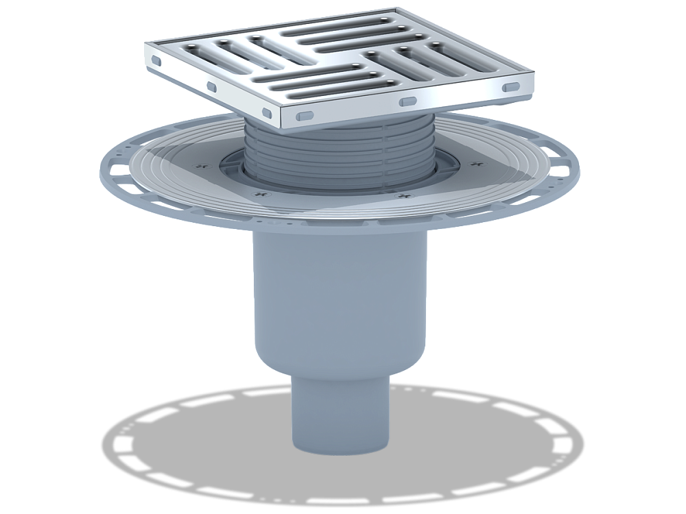 Трап для душа АНИ Пласт THZ5712 DN50 высокий вертикальный регулируемый с комбинированным затвором и решёткой из нержавеющей стали 150х150 мм