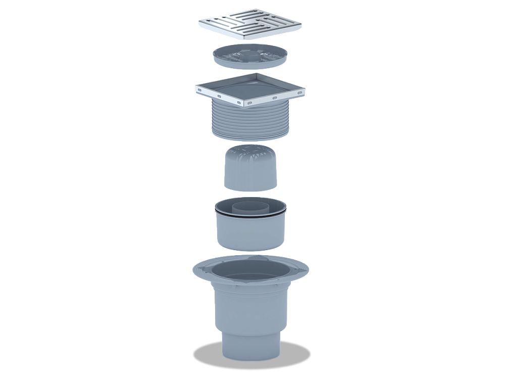 Трап для душа АНИ Пласт TA1712 вертикальный регулируемый с выпуском 110 мм и решеткой из нержавеющей стали 150х150 мм