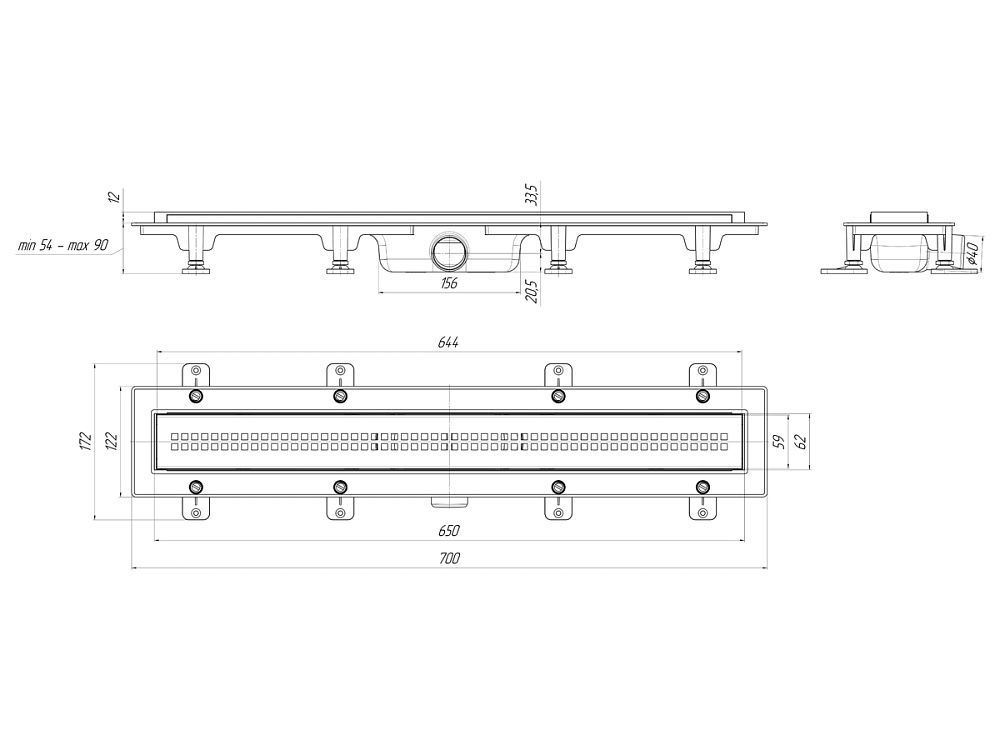 Трап линейный пластиковый АНИ Пласт TL1265B5M выпуск 40 мм решётка Риф золото матовое нержавеющая сталь 650 мм